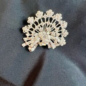 Rhinestone Large Brooch Basket Flowers Silver